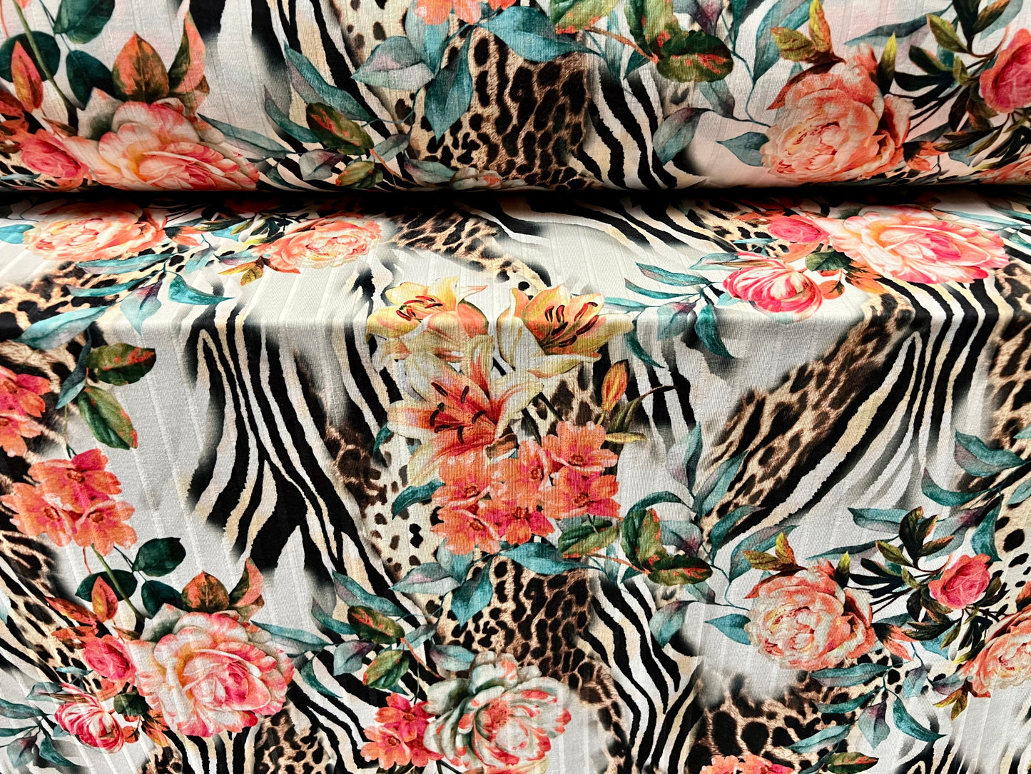 Soft ribbed stretch spandex jersey fabric, per metre - flowers & animal print fusion