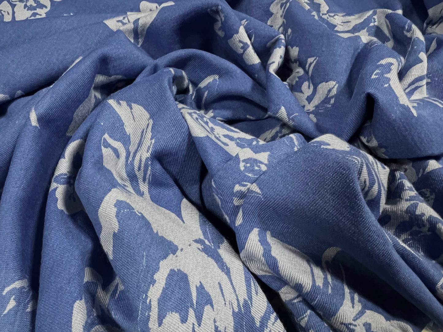 Soft handle stretch single jersey fabric, per metre - rose flower print - blue on blue