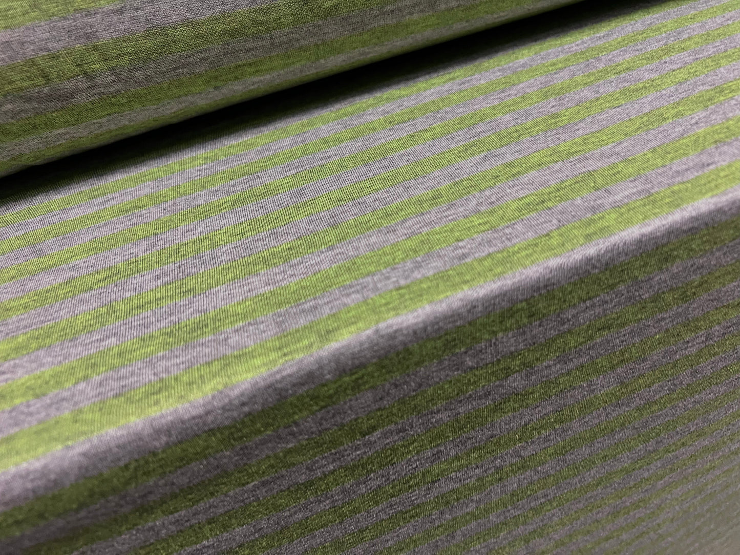 Viscose spandex stretch single jersey fabric, per metre - stripe - green & grey marl