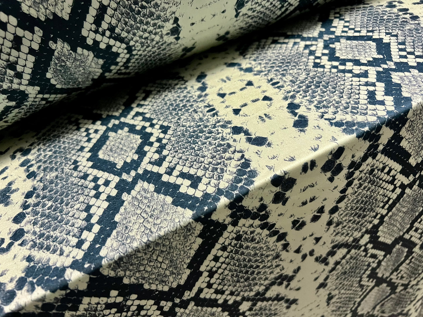 Swimwear stretch spandex jersey fabric, per metre - snakeskin animal print - sage green & black