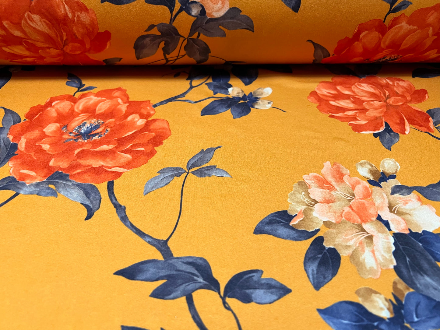 Double jersey stretch crepe dress fabric, per metre - rambling rose print - saffron