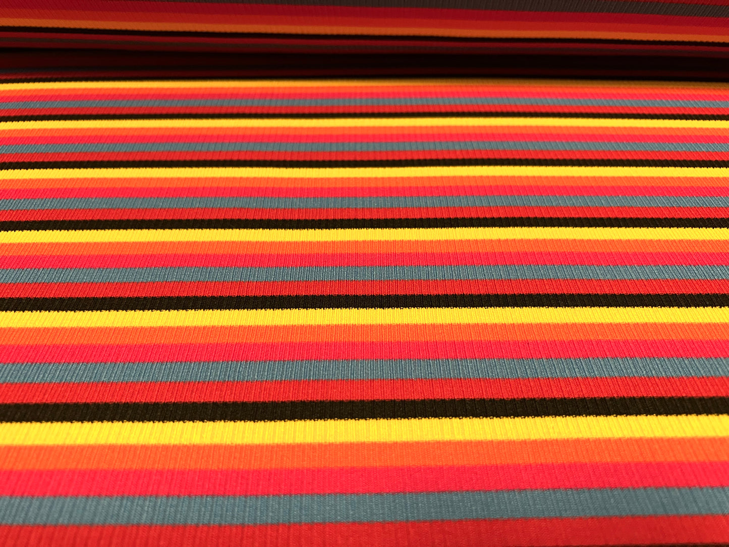 Stretch Spandex rib jersey fabric, per metre - multicolour stripe - red orange yellow & blue