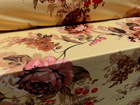 Valentino crepe spandex jersey fabric - similar to scuba - per metre - rose flower print - gold & cerise