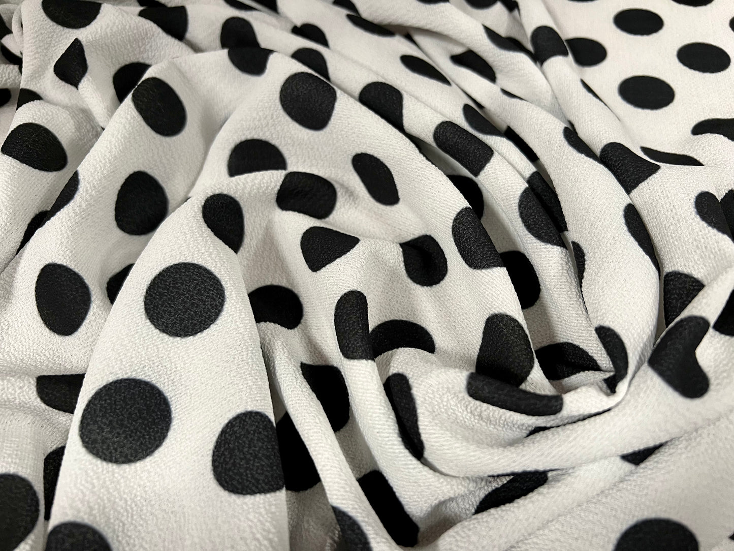 Pebble crepe woven dress fabric, per metre - polka dot print - black & white