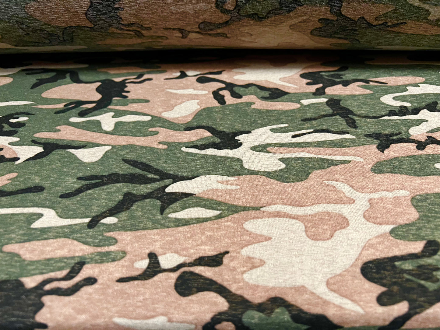 Thick & thin stretch spandex single jersey fashion fabric, per metre - camouflage army print - khaki green