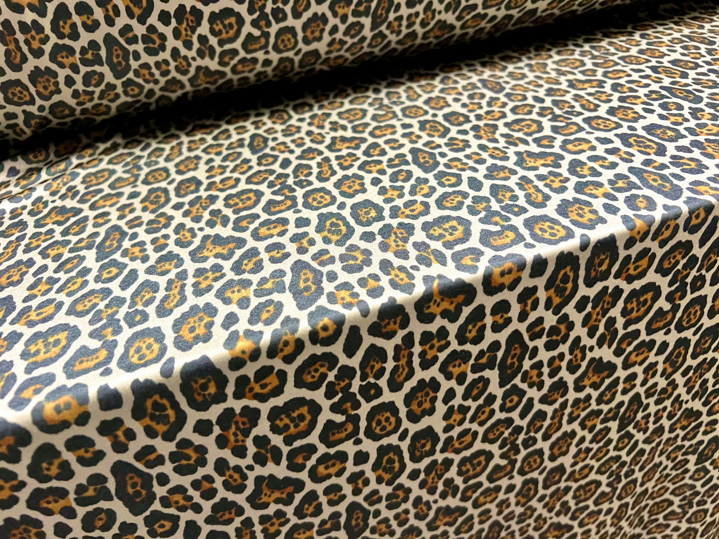 Swimwear stretch spandex jersey fabric, per metre - leopardskin animal print - grey & amber