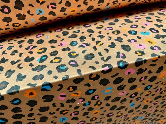 Stretch spandex jersey fabric, per metre - funky leopardskin print - caramel