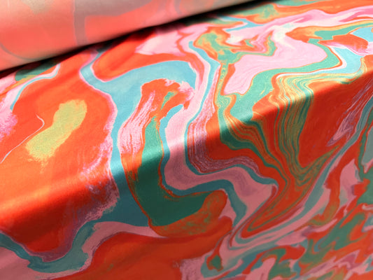 ITY stretch spandex single Jersey fabric, per metre - paint swirl print - orange lilac & turquoise