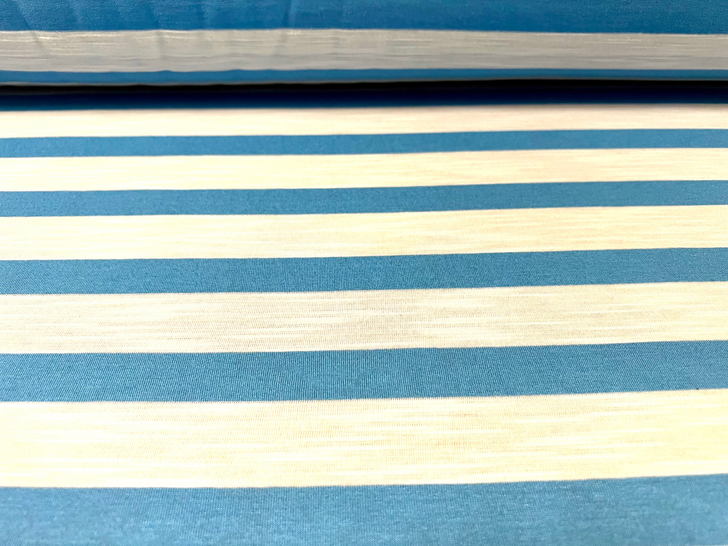 Soft handle single jersey fabric, per metre - slub stripe - sky blue & white