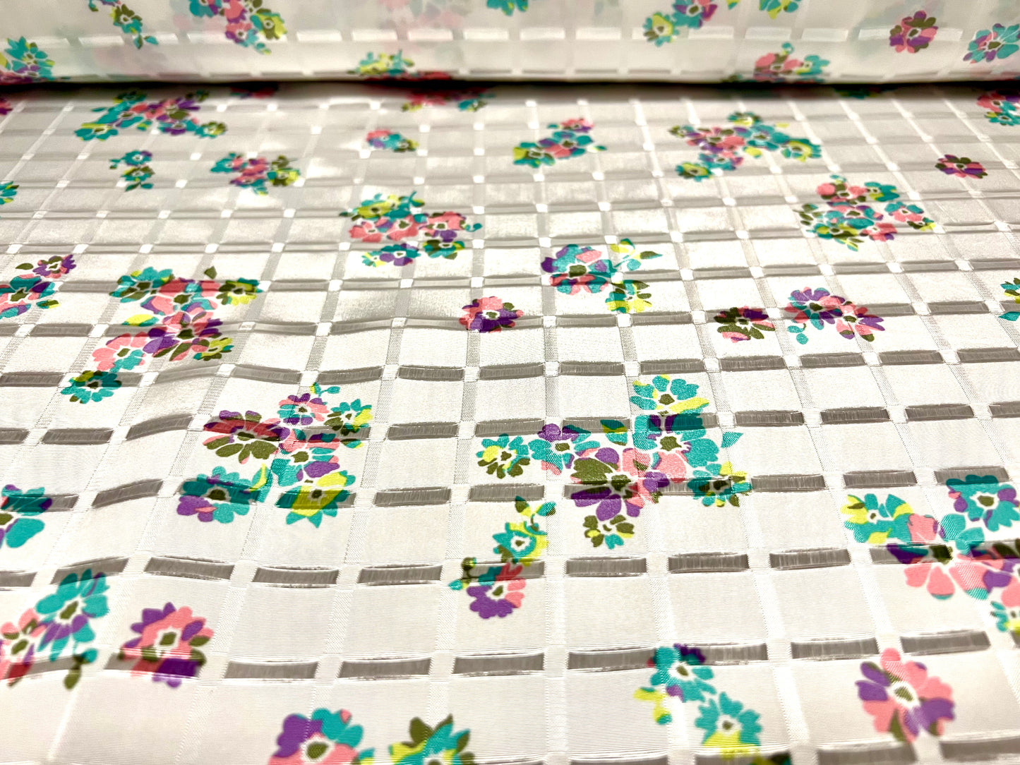 Satin jacquard woven dress fabric, per metre - flower bouquet print - white turquoise & pink