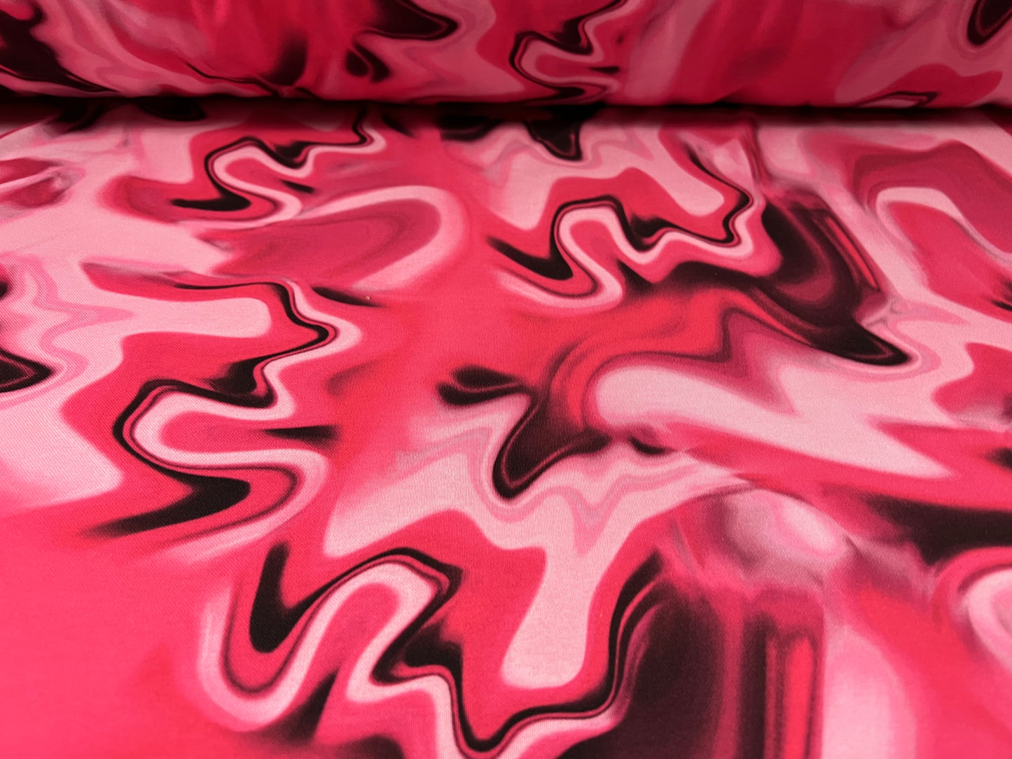 Stretch spandex interlock jersey fabric, per metre - retro swirl print - cerise pink