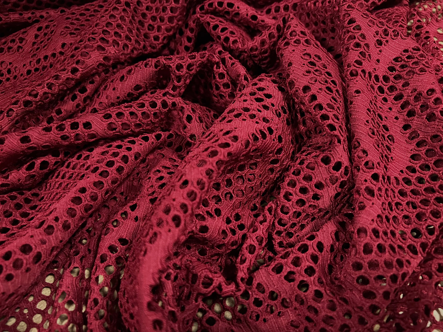 Fishnet stretch spandex mesh jersey fabric, per metre - flower jacquard - wine