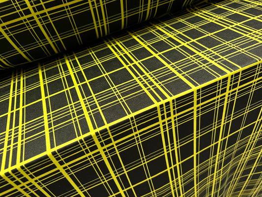 Swimwear stretch spandex jersey fabric, per metre - matrix check print - black & yellow