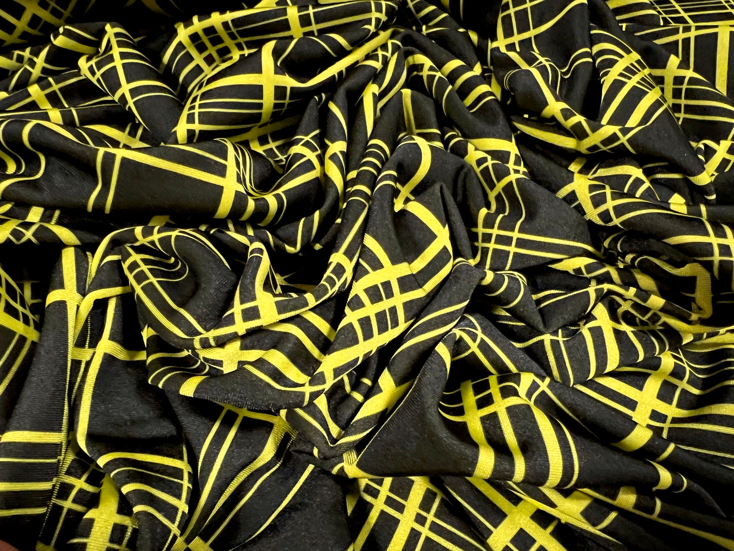 Swimwear stretch spandex jersey fabric, per metre - matrix check print - black & yellow