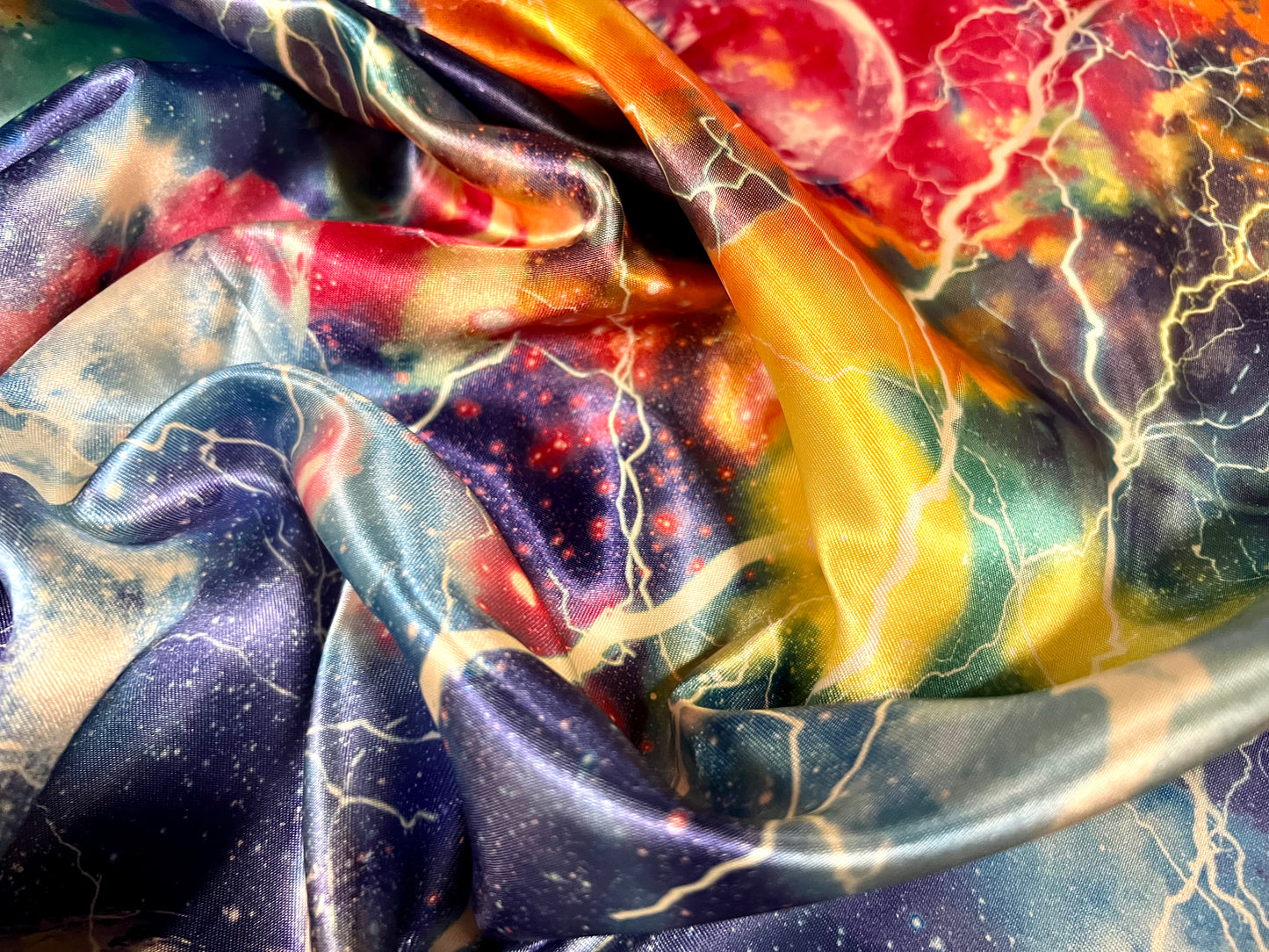 Silky Satin woven dress fabric, per metre - cosmic lightning print - multicolour