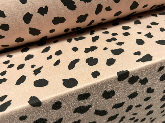 Faux suede stretch spandex jersey fabric, per metre - Dalmatian print - nude & black