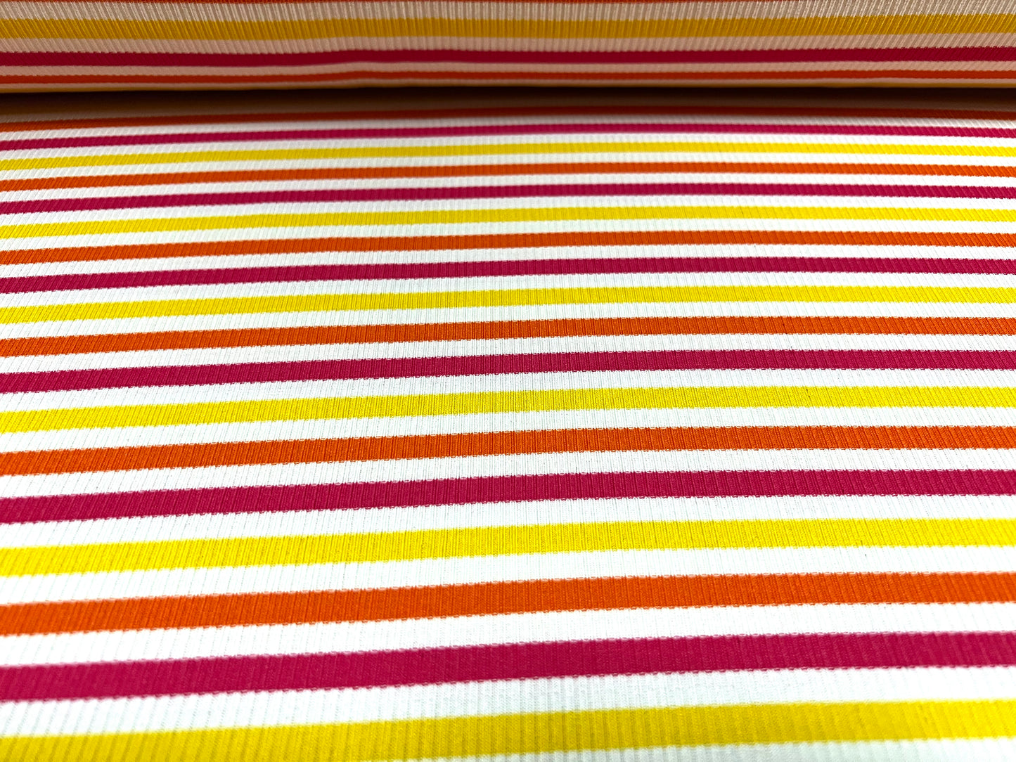 Stretch Spandex rib jersey fabric, per metre - stripe - white pink orange yellow