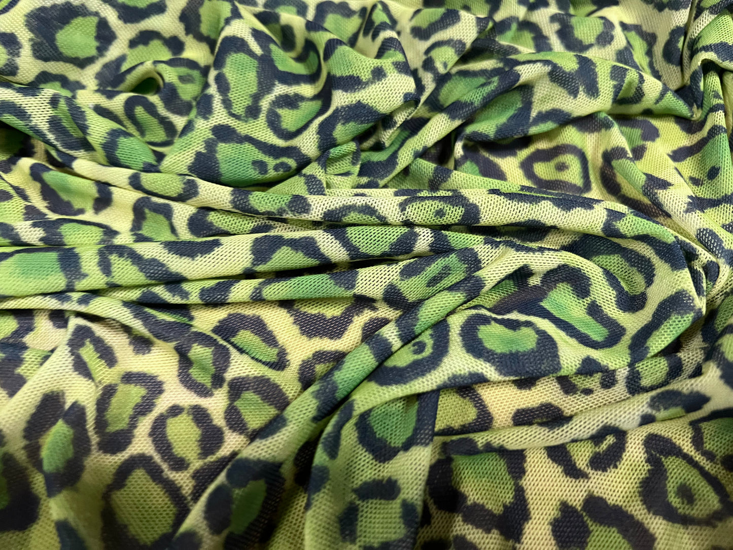 Power mesh net sheer stretch spandex fabric, per metre - cheetah animal print - green