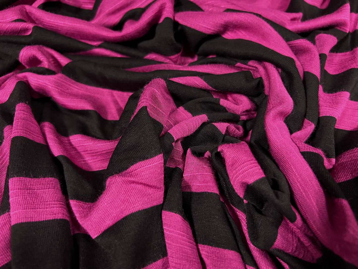 Viscose blend slub single jersey fashion fabric, per metre - stripe - black & magenta