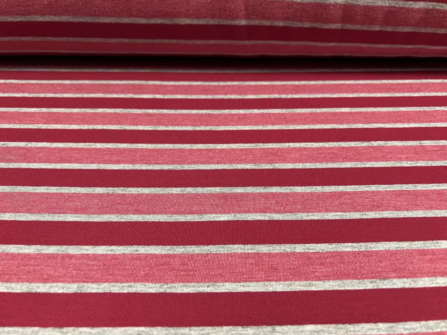 Viscose blend single jersey fashion fabric, per metre - stripe - wine, pink & grey marl