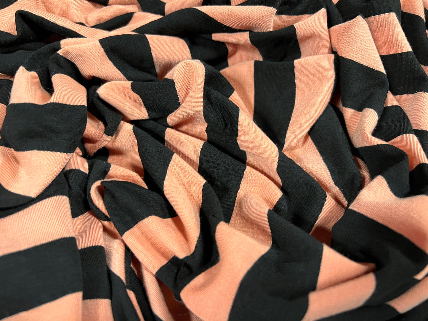 Viscose spandex stretch single jersey fabric, per metre - stripe - salmon pink & black