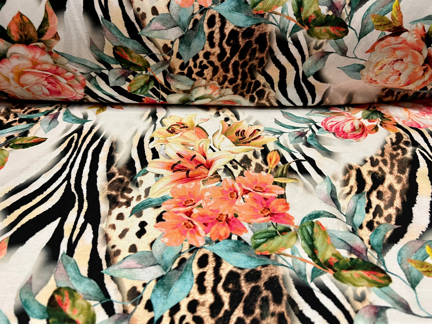 Stretch spandex jersey fabric, per metre - lily flower & animal fusion print