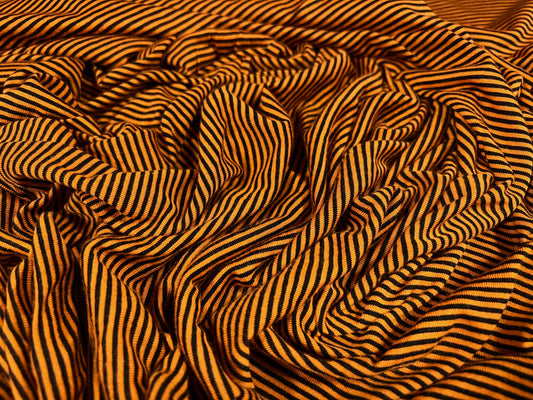 Viscose spandex stretch single jersey fabric, per metre - pinstripe - orange & black