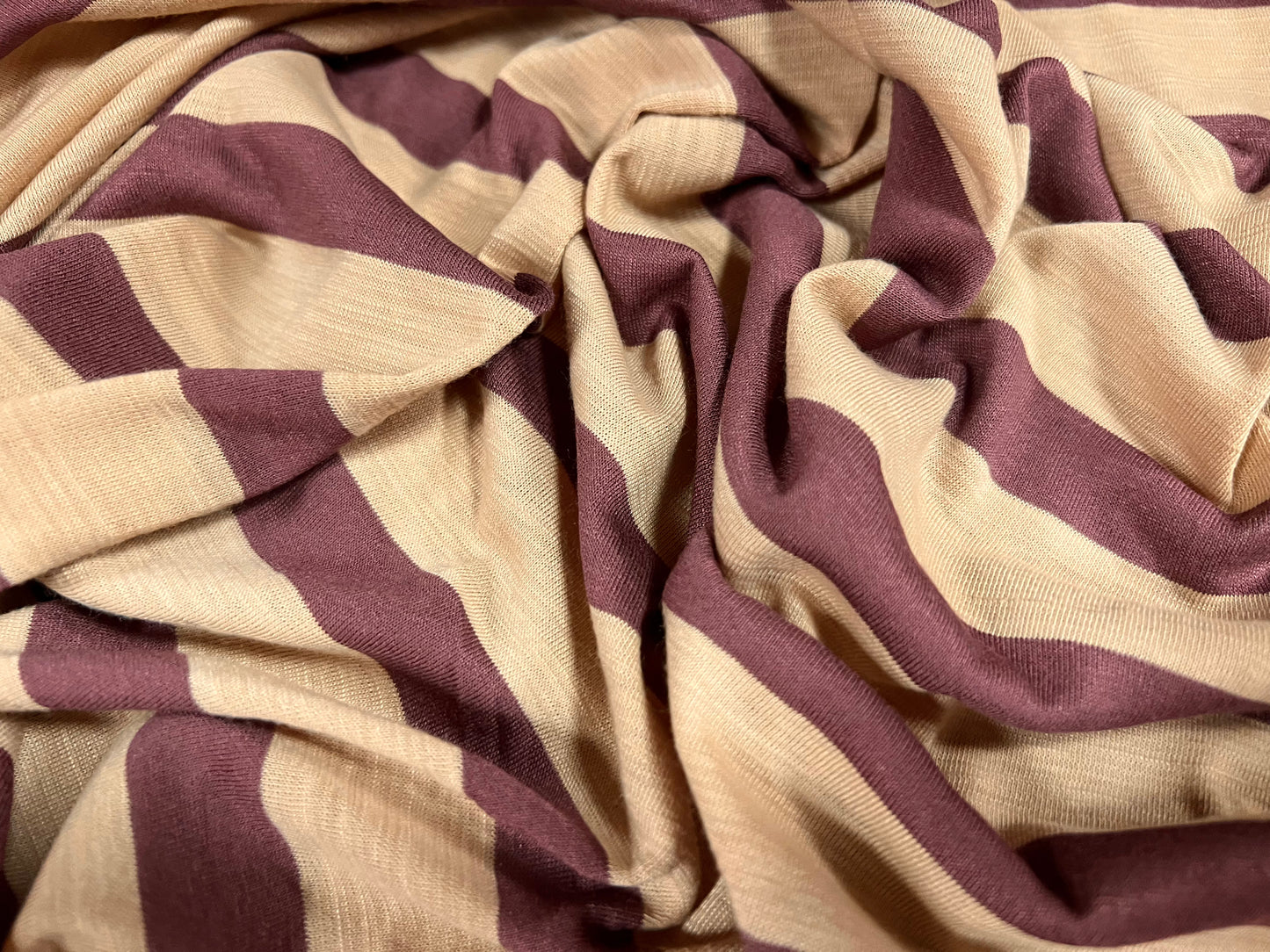 Soft handle slub single jersey fabric, per metre - stripe - mauve & stone