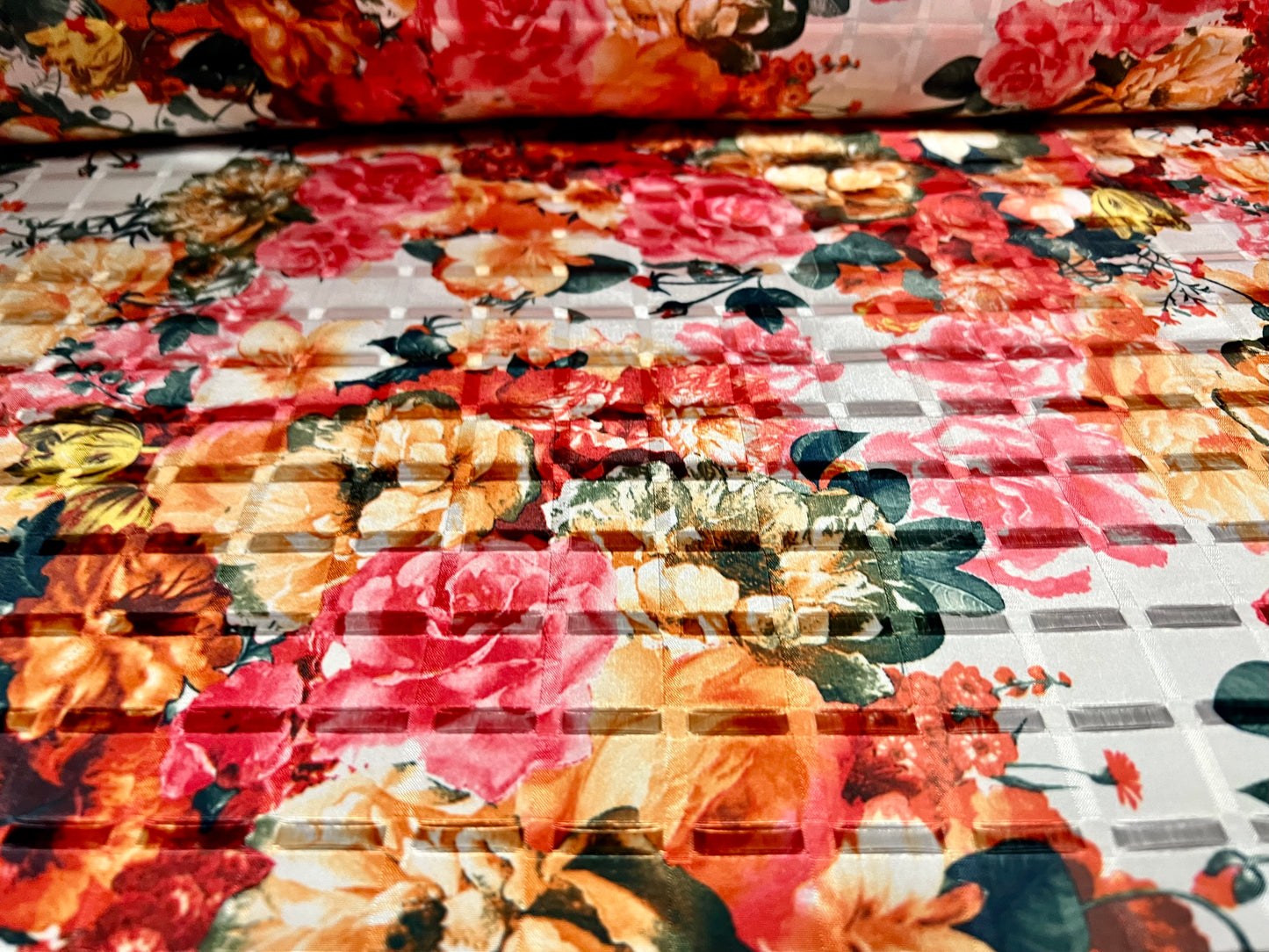 Satin jacquard woven dress fabric, per metre - rose flowers print - pink & orange