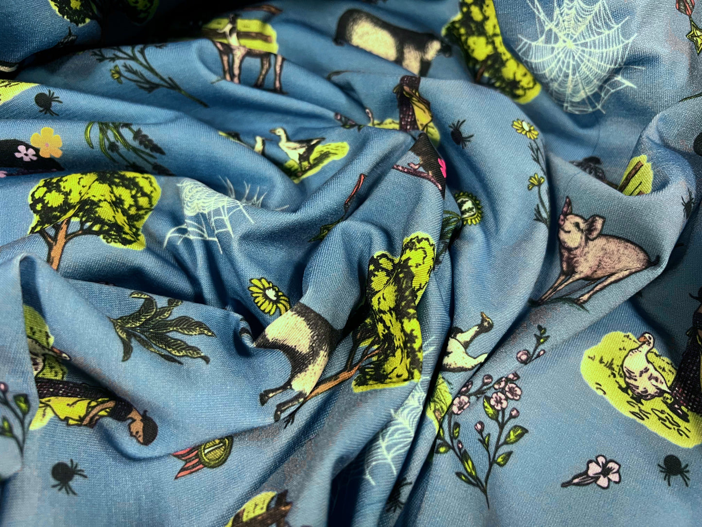 Soft handle stretch single jersey fabric, per metre - Farmyard Animals print - blue