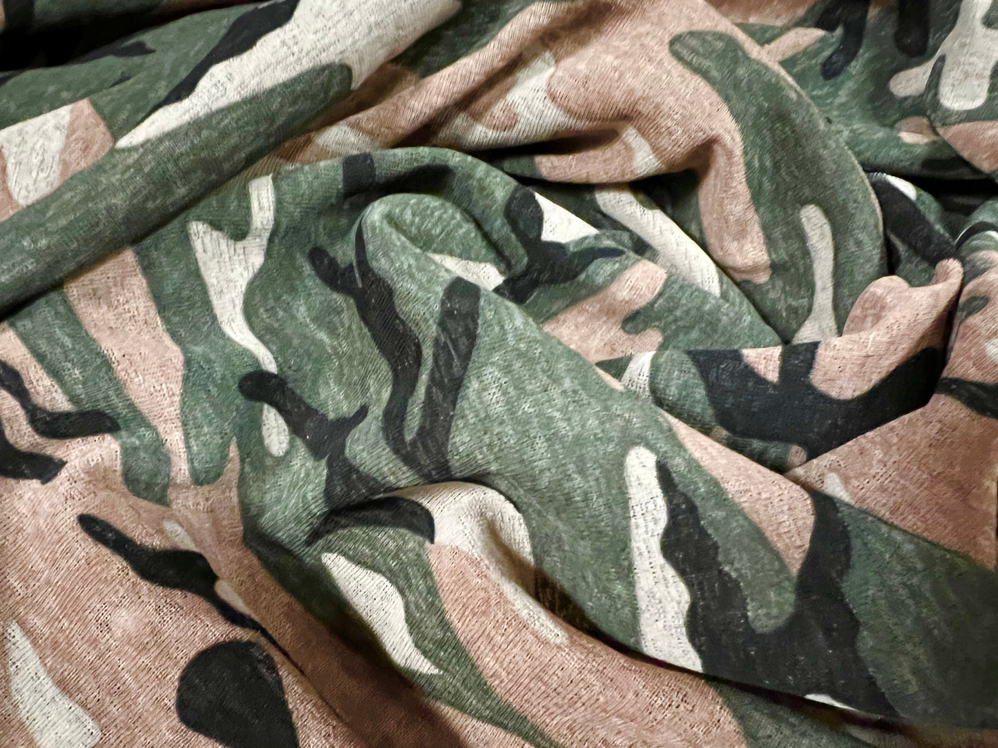 Thick & thin stretch spandex single jersey fashion fabric, per metre - camouflage army print - khaki green