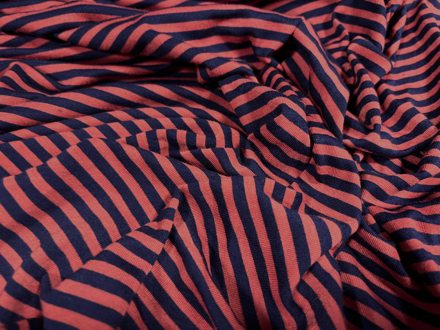 Viscose spandex stretch single jersey fabric, per metre - stripe - dark red & midnight