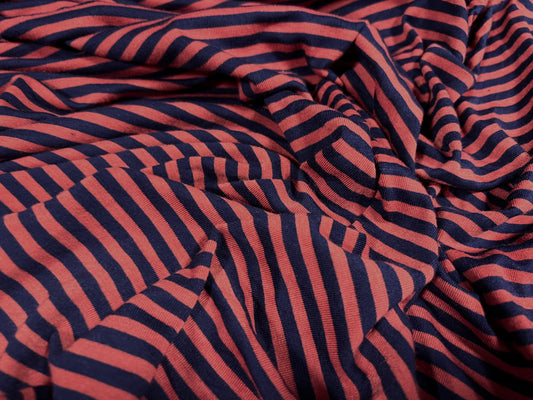 Viscose spandex stretch single jersey fabric, per metre - stripe - dark red & midnight