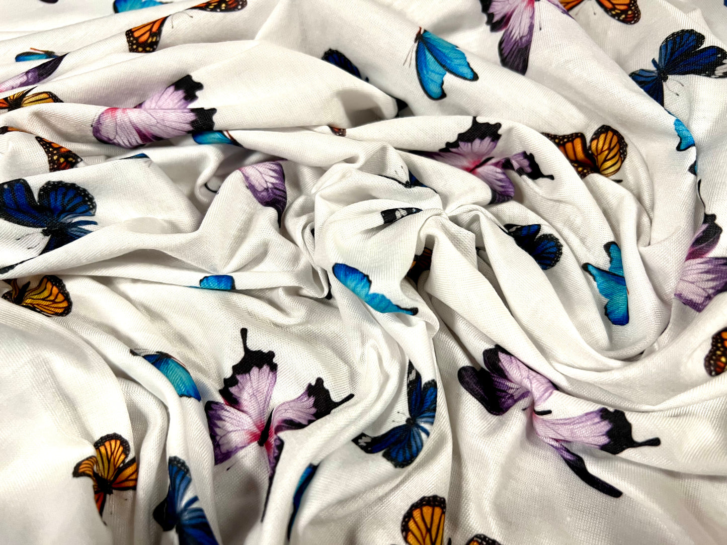 Soft handle single jersey fashion fabric, per metre - butterfly print - white lilac & blue