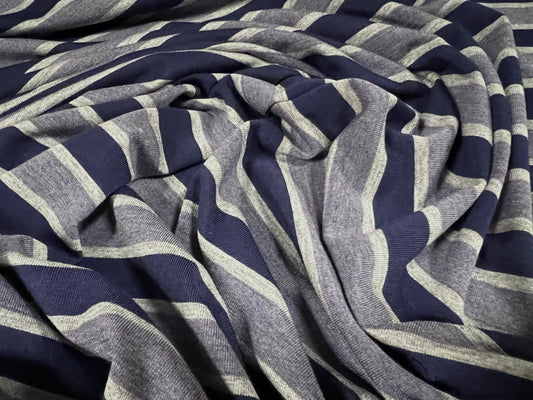 Viscose spandex stretch single jersey fabric, per metre - stripe - indigo blue & grey marl