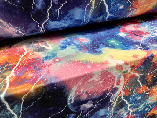 Soft handle stretch single jersey fabric, per metre - cosmic lightning print - multicolour