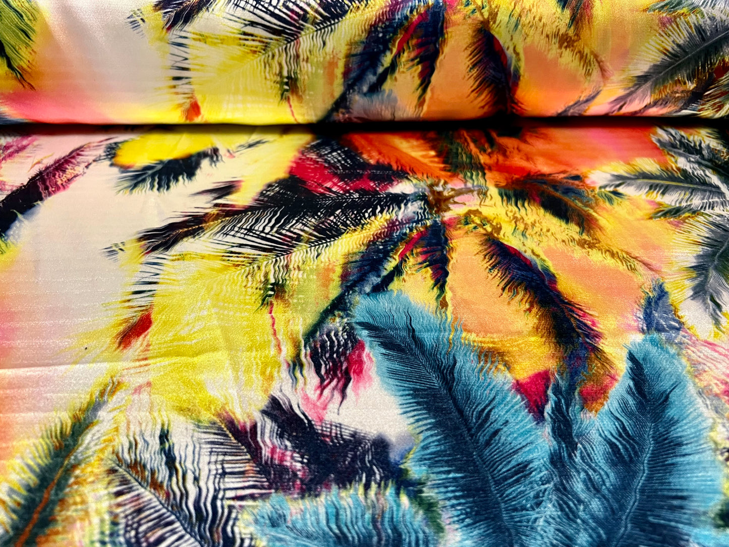 Silky Stretch charmeuse satin dress fabric, per metre - Hawaiian palm trees print - multicolour