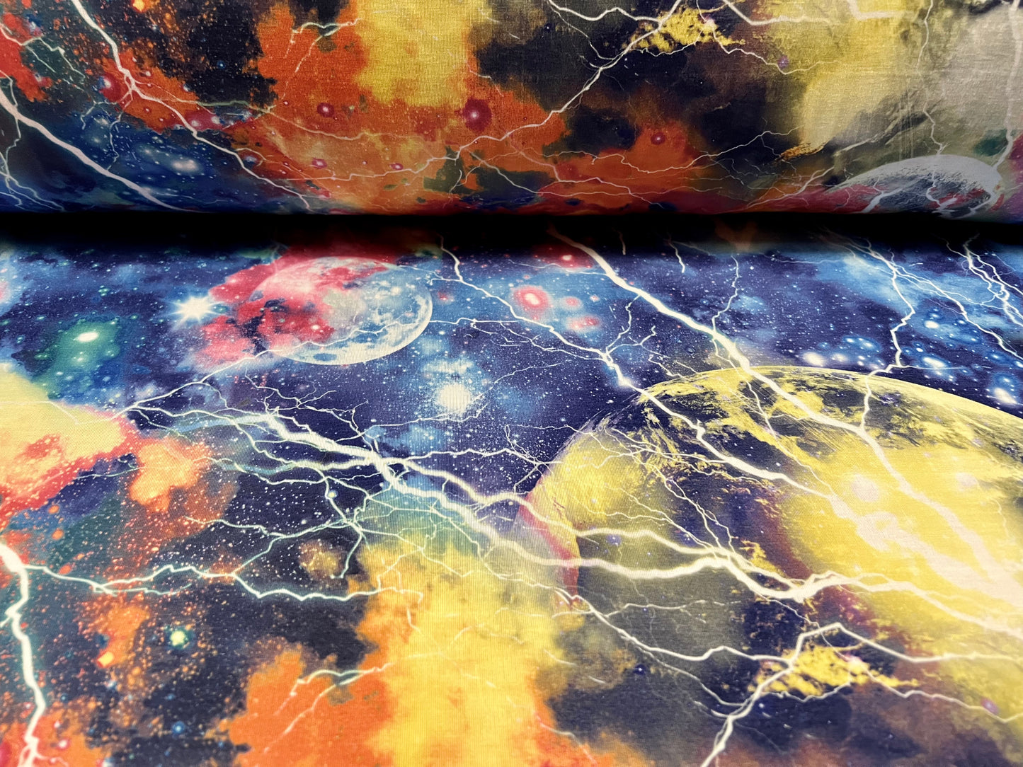 Soft handle stretch single jersey fabric, per metre - cosmic lightning print - multicolour