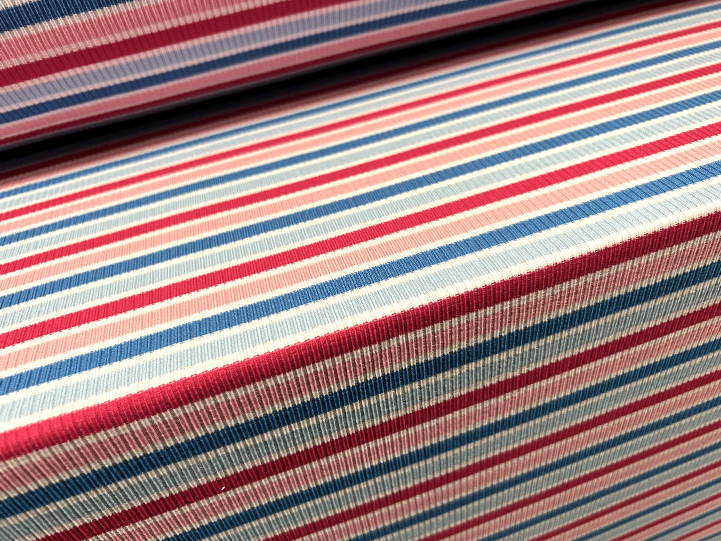 Stretch Spandex rib jersey fabric, per metre - Neapolitan stripe - white pink & blue