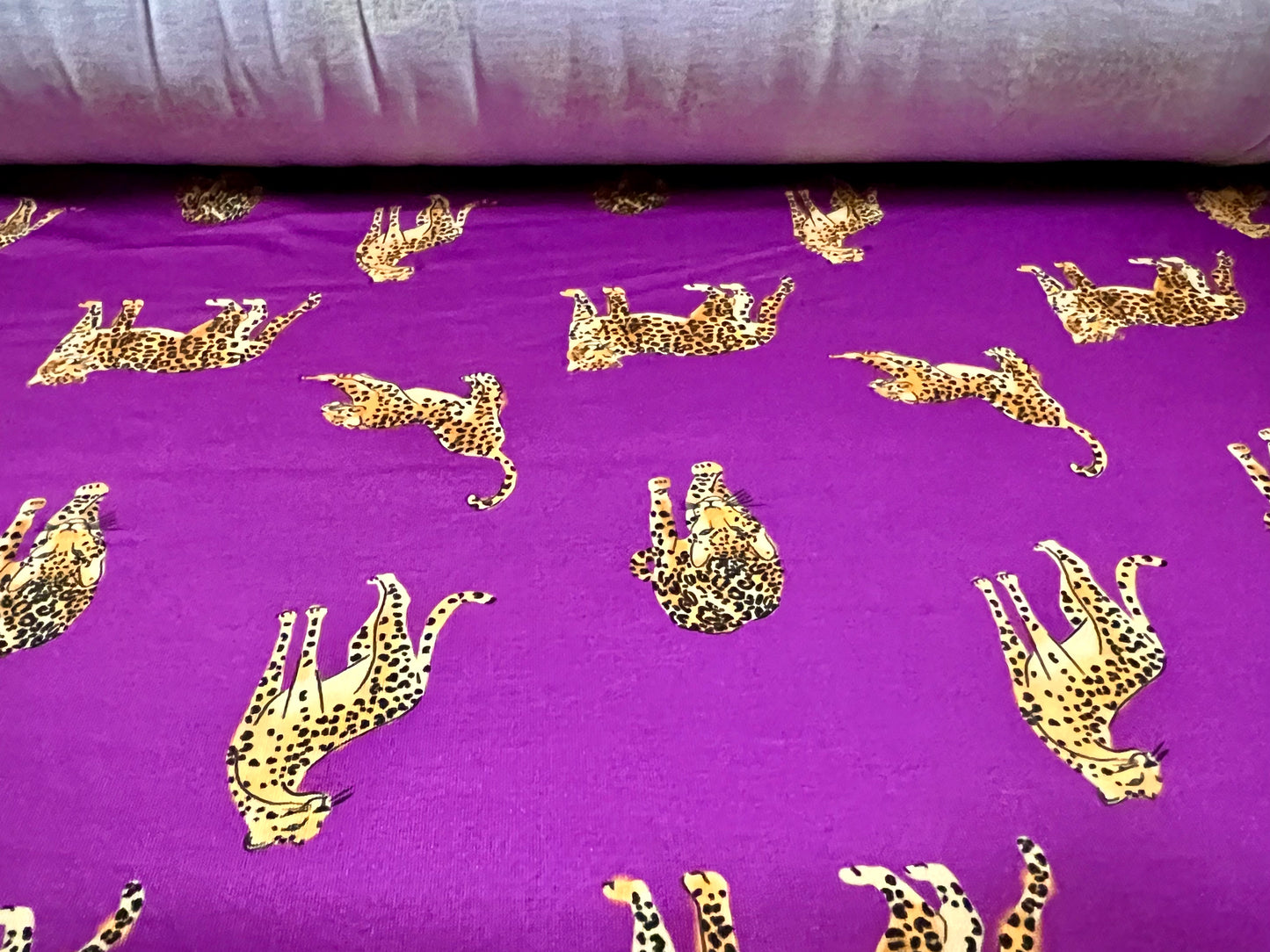 Soft handle stretch single jersey fabric, per metre - cheetah animal print - purple & gold