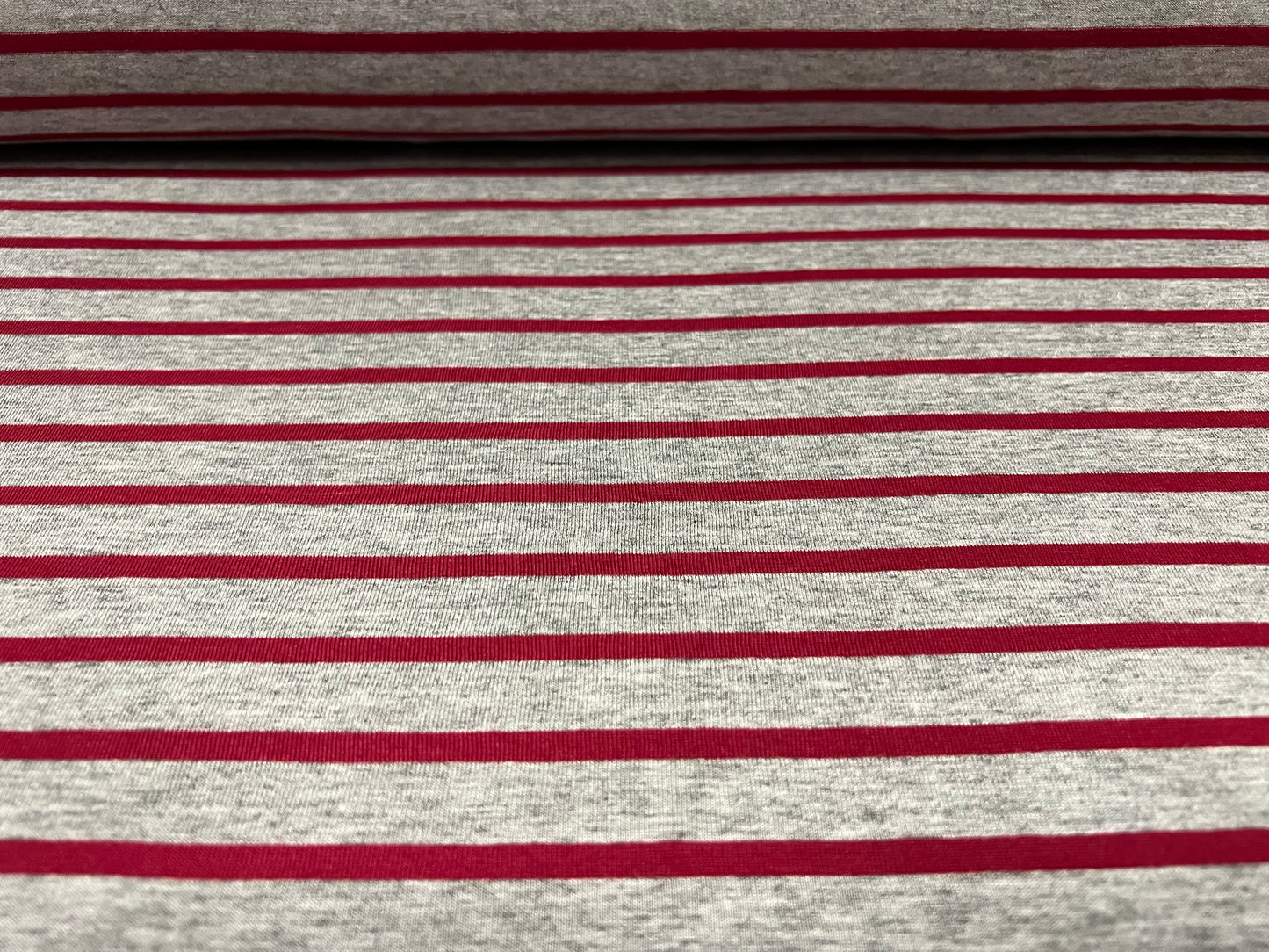 Viscose spandex stretch single jersey fabric, per metre - stripe - grey marl & winter red