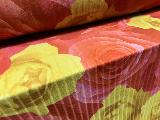 Soft Spandex stretch rib jersey fabric, per metre - jumbo rose flower print - pink & gold