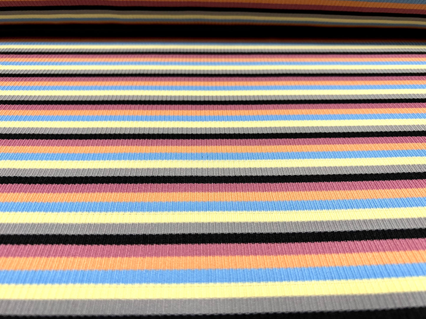 Stretch Spandex rib jersey fabric, per metre - Neapolitan stripe - lemon orange & mauve