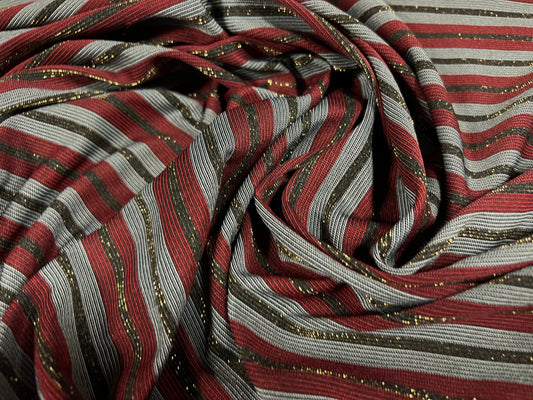 Metallic single jersey stretch spandex fabric, per metre - stripe - wine grey & gold