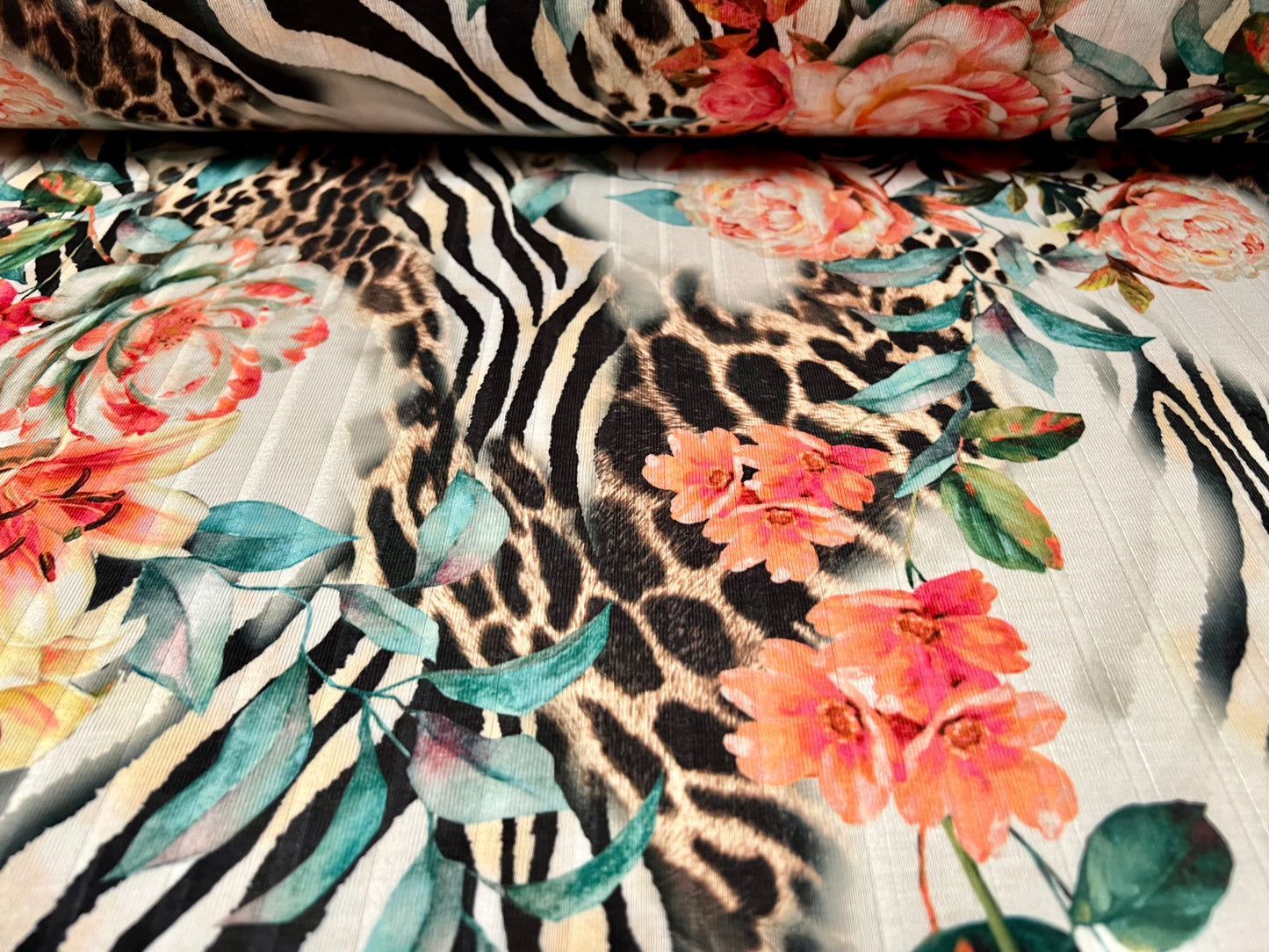 Soft ribbed stretch spandex jersey fabric, per metre - flowers & animal print fusion