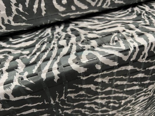 Satin jacquard woven dress fabric, per metre - zebra animal print - charcoal grey & white