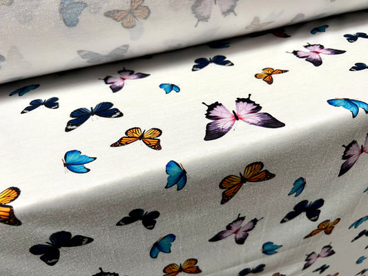 Soft handle single jersey fashion fabric, per metre - butterfly print - white lilac & blue