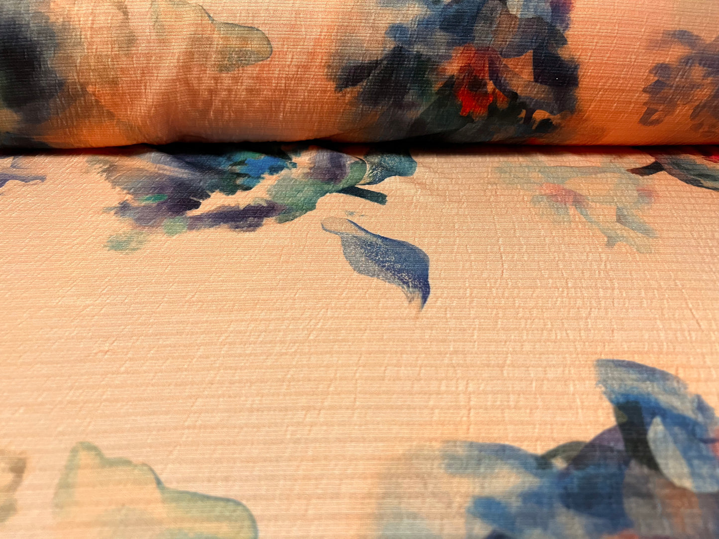 Sheared bodycon stretch spandex jersey fabric, per metre - watercolour flower print - peach