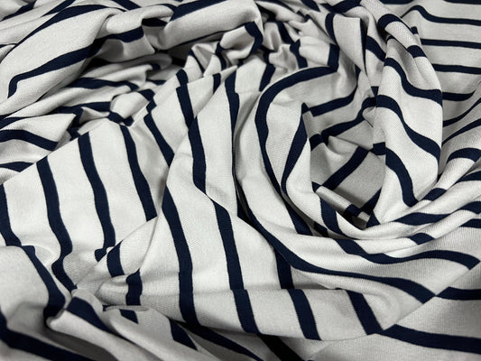 Viscose spandex stretch single jersey fabric, per metre - stripe - dark navy & white