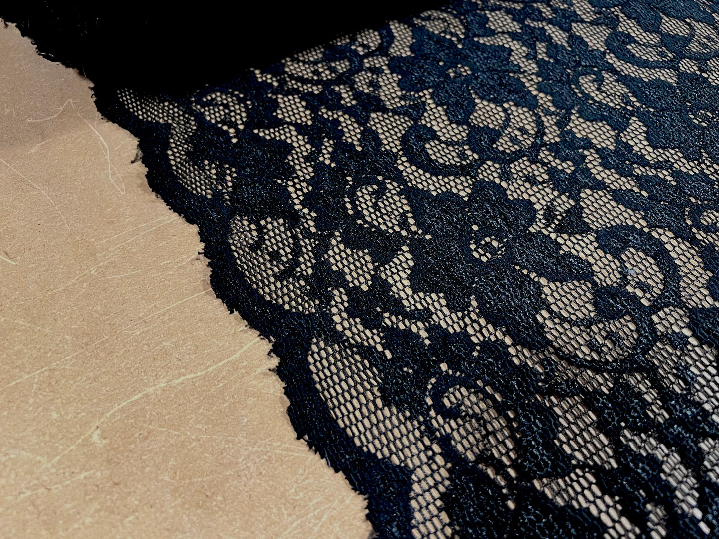 Stretch spandex lace fabric, per metre - floral - scalloped selvedge - black